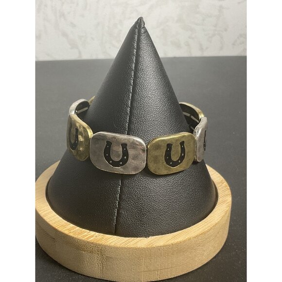 Horseshoe Charm Bracelet Adjustable Metal Silver & Brass - Picture 3 of 3